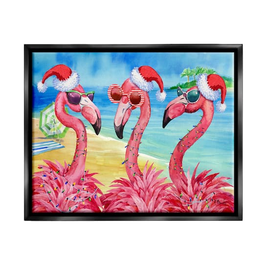 Stupell Industries Holiday Lights Flamingos Beach Framed Floater Canvas Wall Art